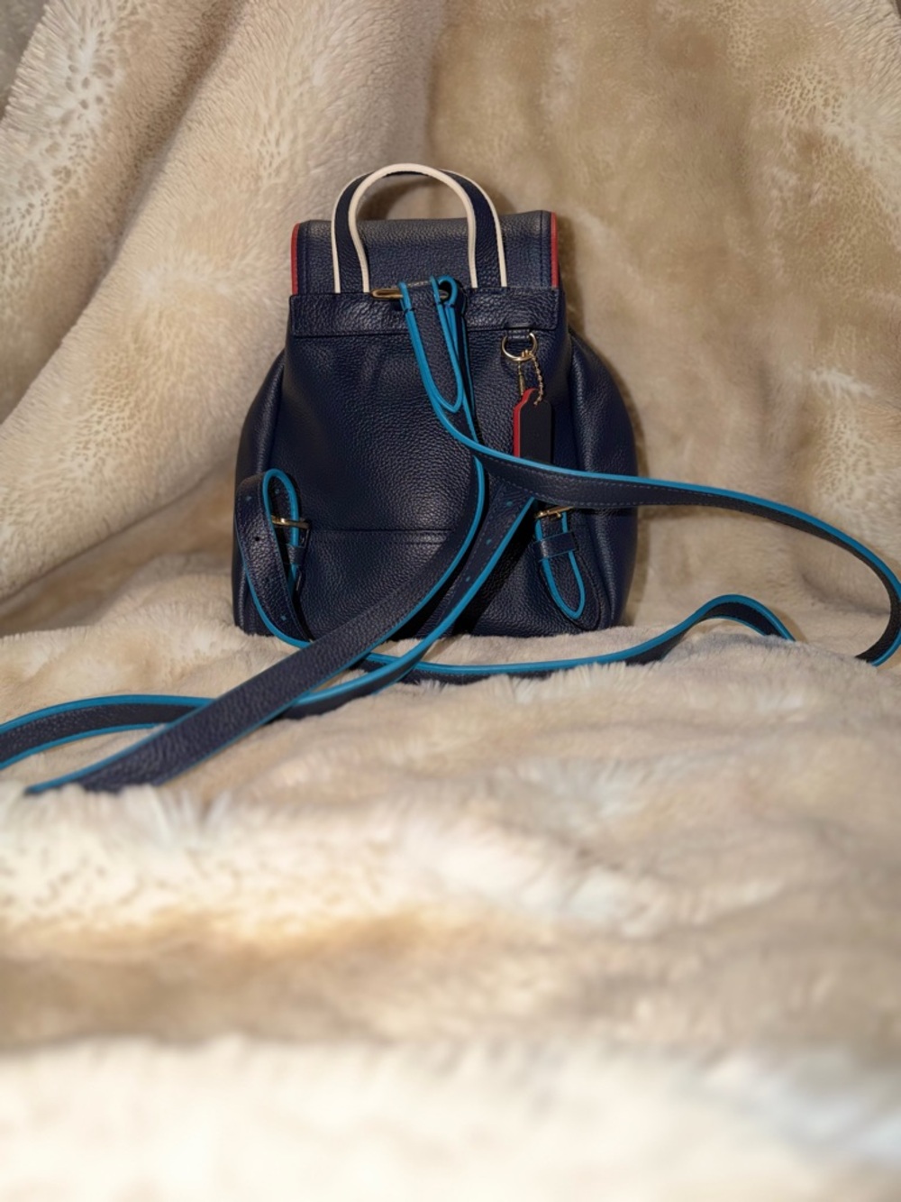 Navy Leather Mini Backpack with Red Trim - Picture 3 of 6